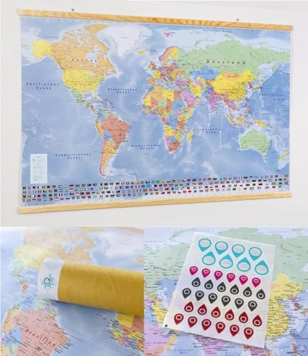 Neu: GeoMetro Weltkarte 100x70 cm, inkl. Stickerbogen, massive Holzleisten zum Aufhängen, inkl. Laminierung, reißfest, Neuauflage