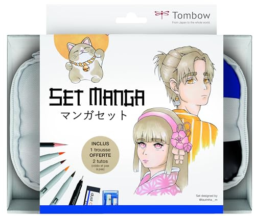 Tombow Manga Set, enthält 9 ausgewählte Produkte und eine Schritt-für-Schritt-Anleitung der Künstlerin Laura @laurinha__m.