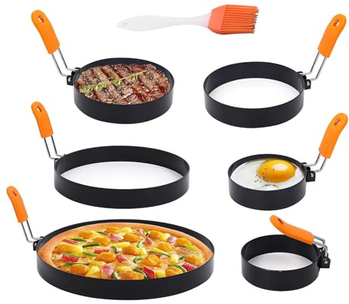 6 Packs Professional Pancake Ring Set,3 Omelette Ring,4 Non-stick Griddle Pancake Shapers with Oil Brush,6 Stainless Fried Egg Molds with Orange Anti-scald Silicone Handle,8 Pancake Molds