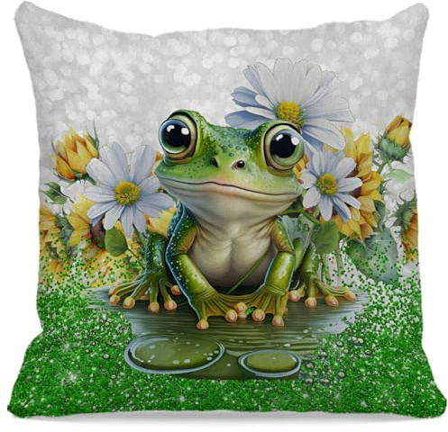 OFlich Summer Frog Pillow Covers Gifts for Women Girls, Summer Frog Decorative Pillow Covers 18x18 for Home, Daisy Pillow
