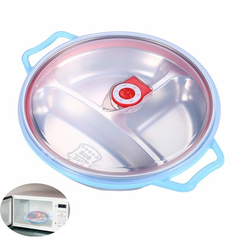 RHBHY Assiettes Compartiment plateau Repas Enfant 22CM Assiette en Acier Inoxydable avec Couvercle Assiette 3 Compartiments Sans BPA - Passe au Lave-Vaisselle et Au Micro-Ondes (Bleu, 22CM)