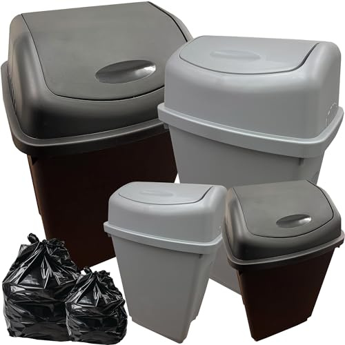 Black or Silver Plastic Swing Bin Waste Recycling Dustbins | Kitchen, Office, Bathroom, Rubbish & Trash Refuse Bins