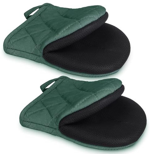 1 Pair Short Oven Mitts - Silicone Kitchen Oven Gloves High Heat Resistant 500℉, Mini Oven Mits with Non-Slip Grip Surfaces and Hanging Loop for BBQ, Baking, Cooking and Grilling (ArmyGreen)