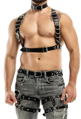 illuevagrun Herren Leder Harness Unterwäsche Sexy Gürtel Fetisch SM Bondage Set Einstellbar (Oberteile Unterteile Schwarz)
