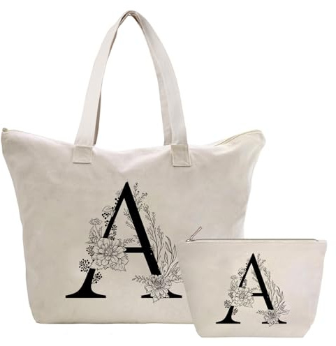 Personalisiert Initialen Tragetasche Canvas, Kosmetiktasche mit Reißver, Damen Handtasche Tote Bag, Einkaufstasche Geschenk für Frau Freundin Mama Schwester, Braut & Brautjungfern Schminktäschchen A