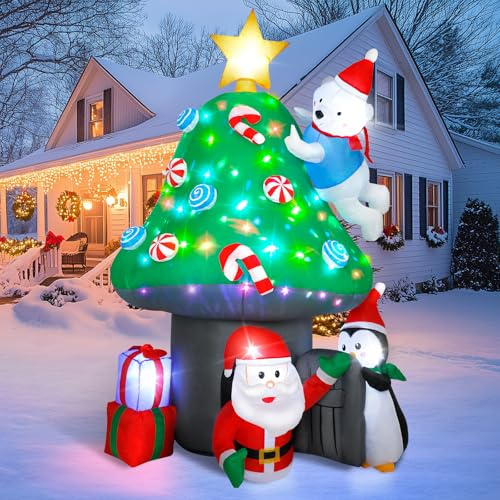 Vintoney 213cm/7FT Aufblasbares Pilzhaus mit Weihnachtsmann, Pinguin & Bär – XXL Weihnachtsdeko Außen, Aufblasbare Weihnachtsfiguren & Santa Claus LED Dekoration für Garten & Hof