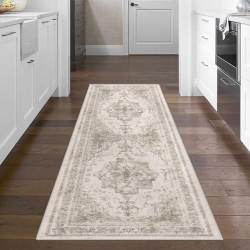 HUGEAR Vintage Beige Hallway Runner Washable Non Slip Rugs Long Area Rug 60x180cm Bedroom Kitchen Lounge Bedside Office Indoor Carpets Low Pile Carpet Runners