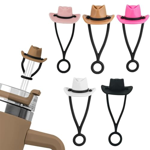 HUPOO 5 Pcs Silicone Cowboy Hat Straw Covers Cap, Compatible with Stanley Cup 30 40 oz, 10mm Straw Topper, Dust-Proof, for Tumblers and Water Bottles