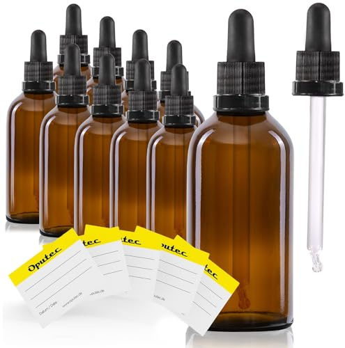 Oputec 10 x 100ml Pipettenflasche aus Braunglas mit Glaspipette + 10 Etiketten – Apothekerflasche für Aromatherapie, Kosmetik, Tropfflasche lichtgeschützt, für pharmazeutische Anwendungen und Labor