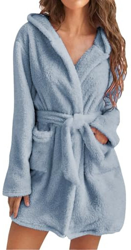 Bademantel Damen Flauschig Kurz Morgenmantel mit Kapuze Winter Weich Plüsch Loungewear Leicht Doppelseitiger Saunamantel Kuschelig Hausmantel Nachtwäsche Kuschelfleece Loungewear Elegant Pyjama
