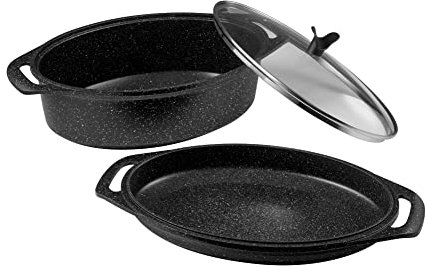 Pradel Excellence - PCUI001028 - Marmite Ovale 3 Pièces 39 x 28 cm avec Couvercle Verre - Fonte d'Aluminium - Revêtement Antiadhésif Façon Pierre - Maniques Incluses - Tous Feux Induction