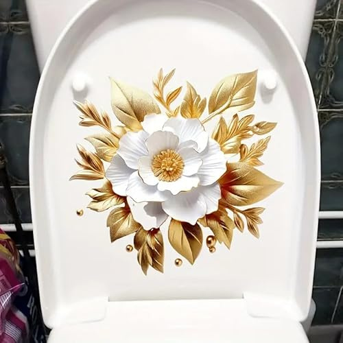 Autocollant mural imperméable pour abattant de WC Motif feuille dorée et fleur blanche