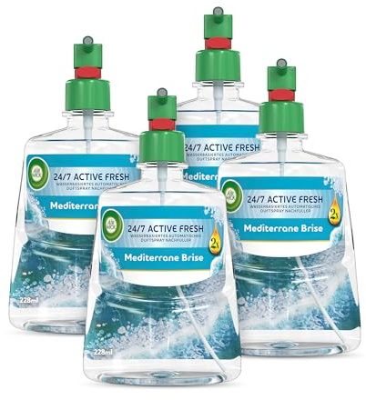Air Wick Active Fresh – Aeorosolfreier, automatischer Lufterfrischer – Raumduft Mediterrane Brise – 4 x 228 ml Nachfüller
