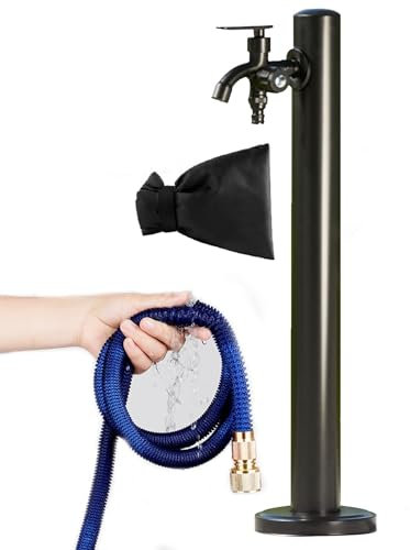 Antique Outdoor Fountain Post with Sprayer Gun & Flush Cover for Winter Watering Black Color Round Garden Faucet Column for Car Washing Station and Ornamental Tap Irrigation Floor Mounted an