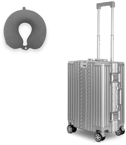 WINLIFE Größe M Reisekoffer Alu-Rahmen mit ABS + Anthrazit Nackenkissen & TSA Nummern-Schloss 53cm Kabinentrolley | Handgepäck Farbe-Silber