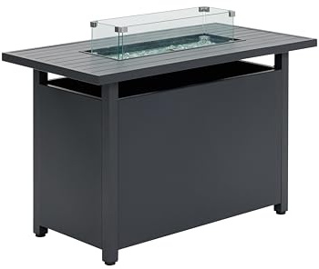 Kleine oder große Feuerstelle Esstisch, Stahl- oder Aluminium-Gartenfeuerstelle mit Lavasteinen, Glas-Windschutz und Gartenmöbel-Abdeckung, Outdoor-Gas-Feuerstellen in Grau (Großes Aluminium)