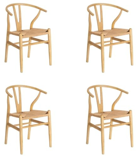 LOLAhome - Pack de 4 sillas de Comedor Ming de Madera de Olmo Color Natural con Asiento de Cuerda de Fibra de Papel en Tono Natural