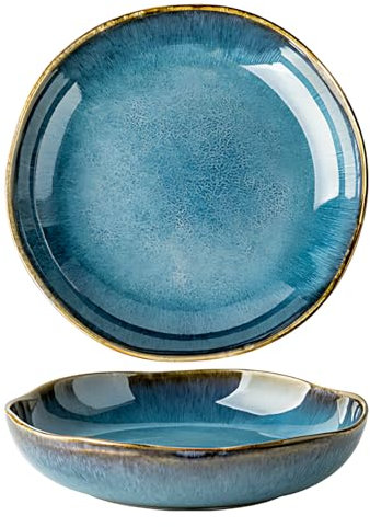 lcvtos Piatti da Insalata in Ceramica, Piatti da Dessert in Porcellana Blu Irregolare, Piatti da Insalata e da Pasta Adatti Al Microonde e Alla Lavastoviglie (Azzurro)