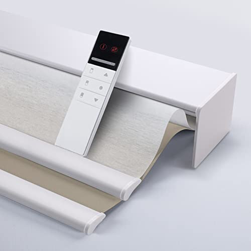 TIPIACE Day and Night Dual Layers Motorized Roller Blinds Shades with Valance Rechargeable Motor Suitable for Home, Office, Hotel Windows (Perspective White+Full blackout Light Coffee)
