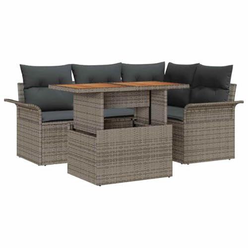 vidaXL 5-delat trädgårdsoff-set med kuddar grå poly rattan utomhus modulär möbel bekväm sittplats för patio stolar sektionell lounge stol