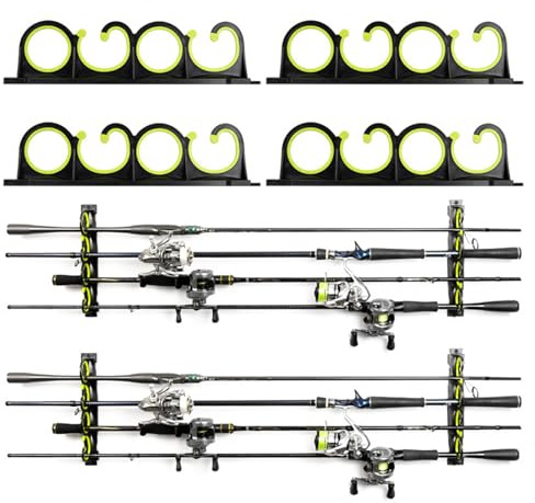 Pvnoocy Angelrutenhalter Wand,2 Paare Horizontale Angelruten-Rutenhalter für 8 Ruten für Garage, Wand oder Deckenmontage,Angelausrüstung als Geschenk für Herren