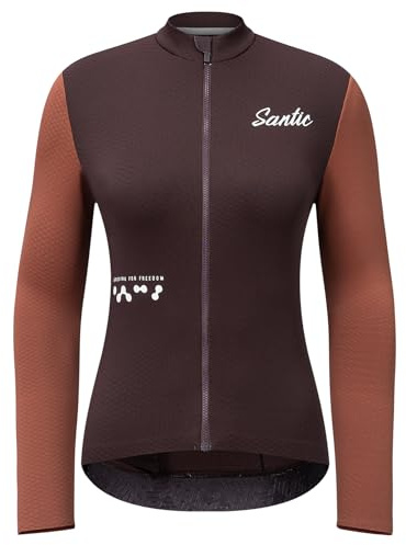 Santic cykeltröja dam cykeltröja långärmad smal för våren hösten vägcykel MTB termotröjor, BRUN, S