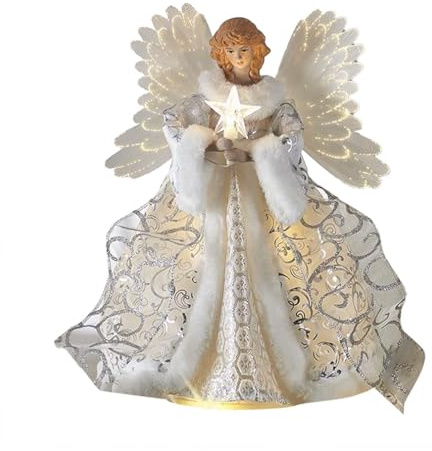 Qiantull Weihnachtsbaumspitze Engel Christbaumspitze Engel Fee mit Flügeln Weihnachtsengel Baumspitze Beleuchtete Stern Engel Weihnachtsbaum Ornamente Weihnachten Dekoration 25cm 3#