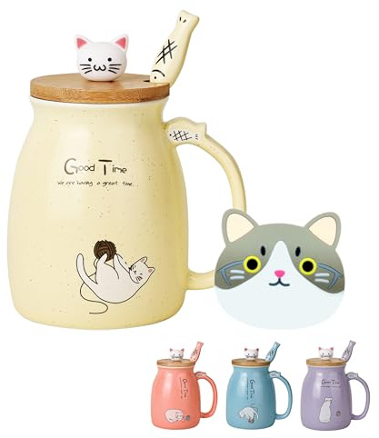 Söt kattmugg Kawaii keramisk kaffekopp med kattunge trälock och härlig sked i rostfritt stål nyhet morgonkopp japanska djurmuggar jul födelsedagspresenter för kvinnor kattälskare present (gul)