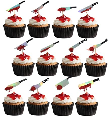 24pcs Décorations pour Cupcakes d'Halloween, 12 Styles Paillettes Couteau Sanglant Effrayant Décoration Gâteau d'Horreur pour Décorations de Gâteaux d'Halloween
