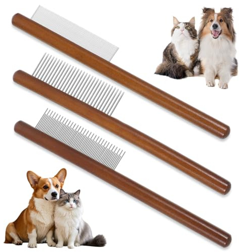 TEOZBLU 3 Stück Hölzern Katzenkamm, Katzenbürste Langhaar Kurzhaar, Edelstahl Hundekamm, Flohkamm für Katzen, Geeignet für alle längen, Entfernt effektiv Verwicklungen, Matten und loses Haare