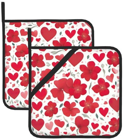 Set di presine resistenti al calore, presine per cuocere, grigliare e cucinare, design a stampa completa di cuori rossi per San Valentino