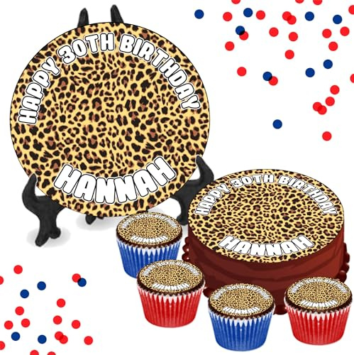 Leopard Print PERSONALISED Edible Cupcake Toppers / 8 Inch Cake Wafer or Icing - Adults & Kids Birthday Party Decorations - Perfect for Brownies, Cookies, Muffins & More!