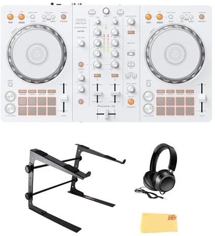 Pioneer DJ DDJ-FLX4 2-Channel DJ Controller - White Bundle with Laptop Stand, Headphones, and Austin Bazaar Polishing Cloth
