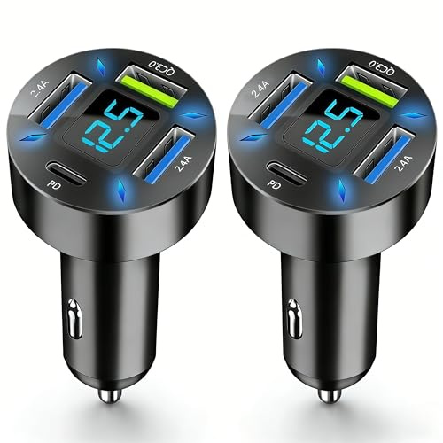 4-Port USB C Auto Ladegerät Zigarettenanzünder Adapter, 50W QC3.0,PD Schnellladegerät mit LED Voltmeter 12V USB Buchse kompatibel mit iPhone, Android, Samsung, Tablet und allen Smartphones (2) (2 PCS)