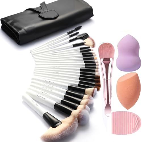 Makeup Brushes for Women, 28PCS Full Makeup Kits Include 24 Makeup Brushes, 2 Large Beauty Sponge, 1 Face Mask Spatula, 1 Brush Cleaning Egg, Makeup Brush Set with Travel-Friendly Case, Panda White