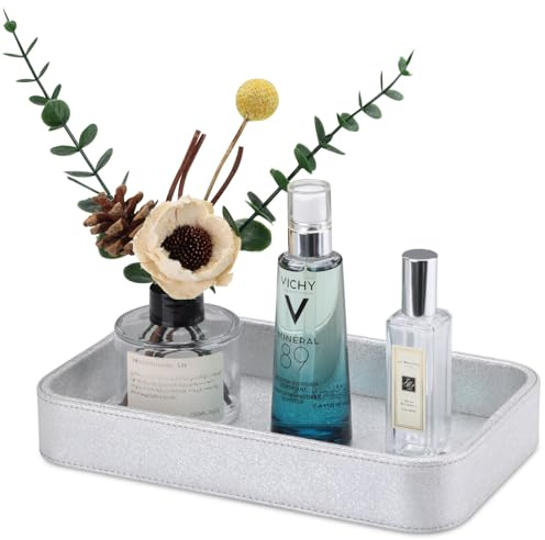 GORESE Vassoio Portaoggetti da Bagno, Vassoio Porta Profumi Vassoio Decorativo in Pelle Svuotatasche Ingresso Vassoio da Letto Organizer Occhiali per Bagno,Soggiorno,Camera da Letto(Argento)