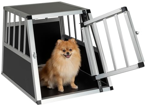 COSTWAY Hundetransportbox, Alu Hundebox mit abschließbarer Tür, herausnehmbarer Trennwand, Reisebox, Hundekäfig trapezförmig für Auto, LKW & Camping, 70 x 54 x 51 cm