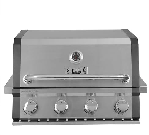 Stilé Collection Barbecue da Incasso o Appoggio a Gas GPL 4 Fuochi 14 kW Grill in Acciaio Inox con Coperchio Griglie in Ghisa BBQ Built-in Professionale per Cucina Outdoor (Grigio)