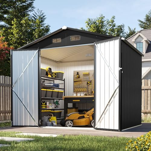 Aoxun 8×6ft Großes Gerätehaus aus Metall 235×171×196 cm | wetterfestes Gartenhaus mit Doppeltür & Satteldach, abschließbarer Geräteschuppen für Garten, Hinterhof, Terrasse