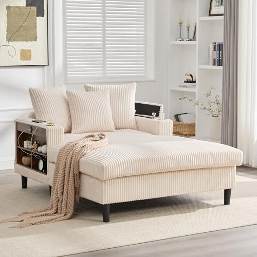 Cord-Lounge mit Chaiselongue – Multifunktionales Sofa mit LED-Beleuchtung, USB-Ladeport, Getränkehaltern, Seitentaschen & Stauraum, Große Liegefläche und Stabile Füße für Wohnzimmer & Lounge Beige