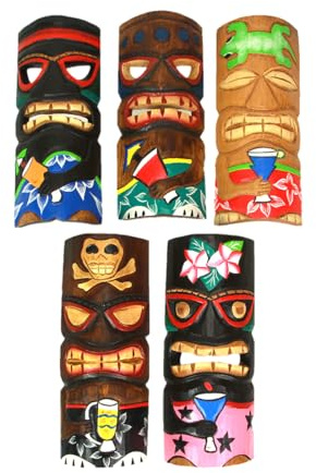 Zeckos Set of 5 Hand-Carved Polynesian Style Wooden Wall Masks - 12-Inch High Island Decor, Vibrant Hand-Painted Finish - Sustainable Wood - Perfect for Tiki Bar, Patio, BBQ Pit