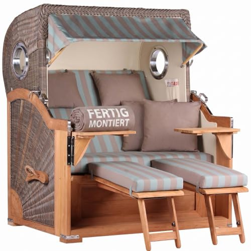 MR. DEKO® Strandkorb Baltikum 2,5-Sitzer Teak | PE Geflecht Grey | Volllieger Strandkörbe aus Teakholz mit 2 Bullaugen & Fußablagen | Polster mit 4 Kissen | Strandstuhl (Dessin 520)