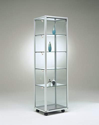 Glasvitrine mit Rollen T 42,5 x B 52,5 x H 184,5 cm - schmale Glas Standvitrine abschließbar - Ausstellungs-Vitrine - LED-Beleuchtung