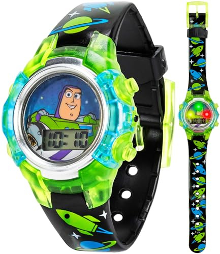Disney Pixar Toy Story 4 Buzz Lightyear Kids Flashing LCD Watch with Colorful Light-Up Dial, Durable Case, Space-Themed Strap – Perfect for Ages 4+ Boys and Girls – Fits Wrists 5.5 to 8