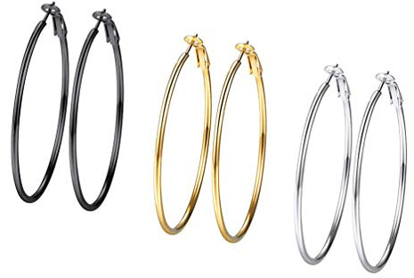Feilok örhängen set för kvinnor rostfritt stål rund fällbar basic stora kreoler huggie kreoler örhängen hoop fällbara creoler öronsmycken smycken 30 mm guld/svart/silver, 3 par, Rostfritt stål