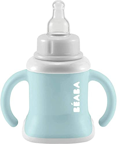 BÉABA Tasse d'Apprentissage Bébé, Fonction Biberon/Gourde/ Tasse, Anti-fuite, Facilite la prise en main, ergonomique, Paille, Évoluclip 3 en 1, Capuchon, Airy Green