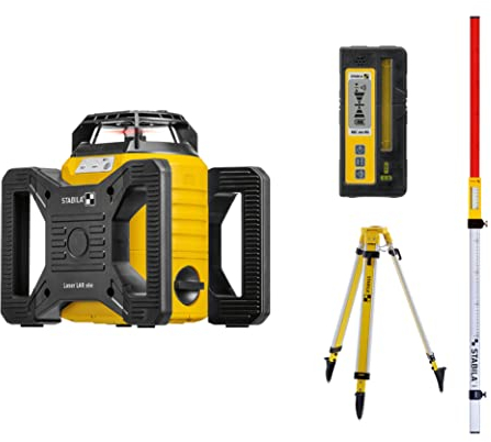 STABILA Rotationslaser LAR 160, 7-Teil. Set, selbstnivellierend, hohe Nivelliergenauigkeit ± 0,1 mm/m, Wasser- + staubdicht IP 65, inkl. Set-Receiver, Baustativ, Nivellierlatte, stabilem Tragekoffer