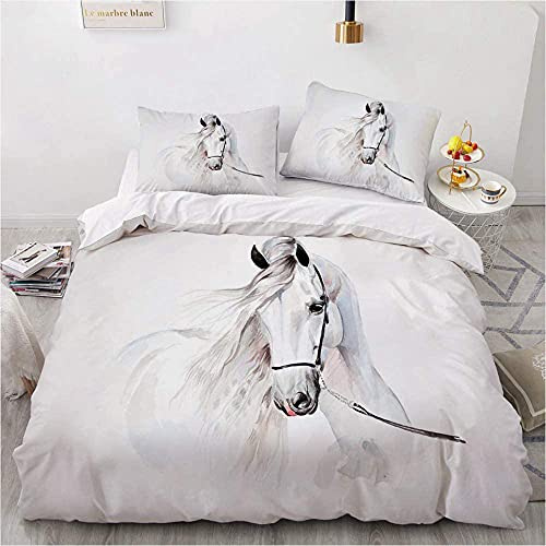 WATYW Housse de Couette 260x240 3D Cheval Blanc Parure de Lit et Fermeture éclair Linge de Lit et Oreillers Adulte Couvre Lit Enfant Souple Microfibre Dessus de Lit
