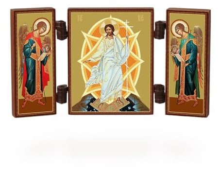 NKlaus Triptychon Jesus Auferstehung, christliche Reiseikone, 1 Stück | Reisealtar aus MDF-Holz, 9,5 x 5,2 x 0,6 cm und 26 g; mit Erzengel Michael und Gabriel, ideal zu Ostern