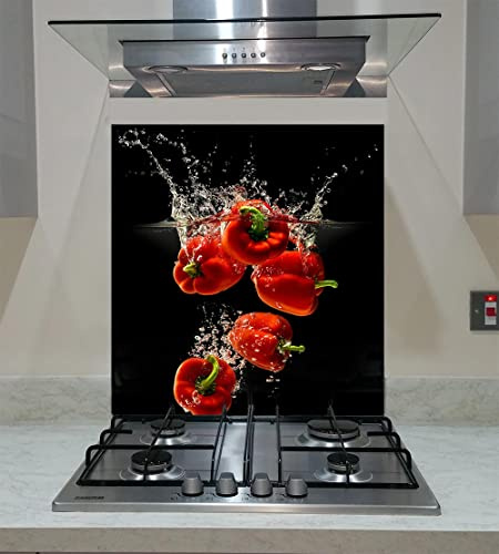 Splashback Toughened Glass Modern Unique Kitchen Red Peppers in Splash Water on Black Background Any Size (wide 60 x height 50/cm)